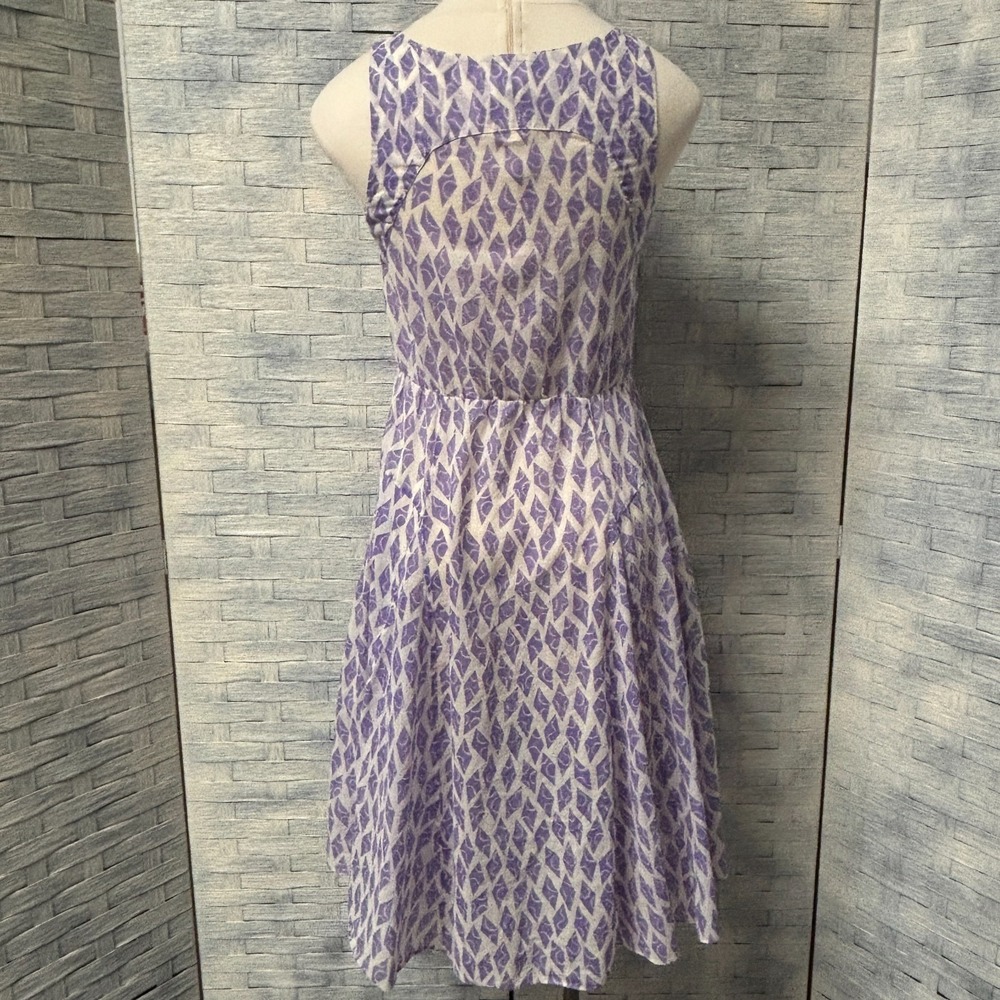Meadow Rue A-Line Dress Womens 4 Sleeveless Ruffle Neck Purple Diamond Print - Picture 4 of 6